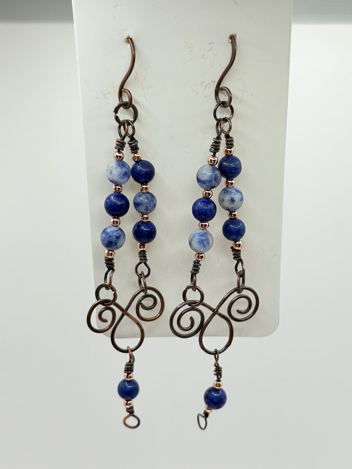 Chandelier Earrings-Copper and Blue Glass