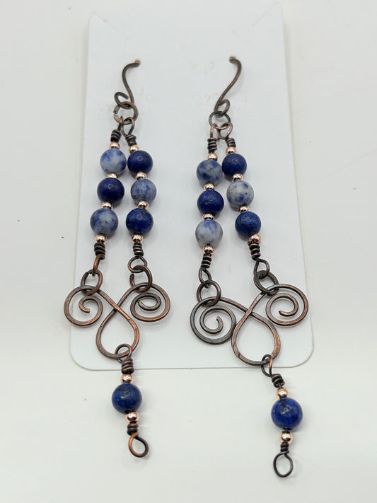 Chandelier Earrings-Copper and Blue Glass